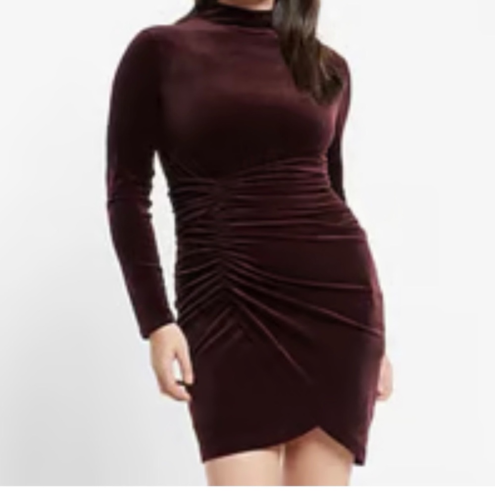 Express Brown Velvet Mock Neck Body Contour Ruched Dress Women’s size Small NWT